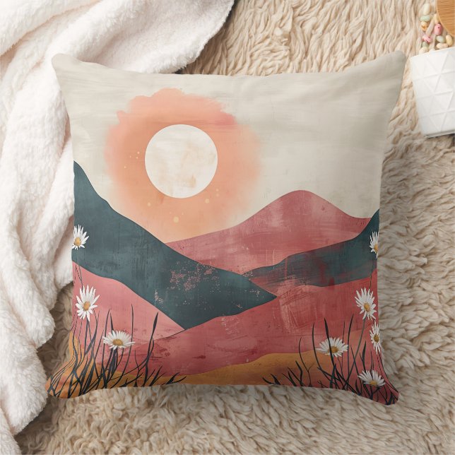 Boho Blommigt Mountain Sunset - Rustic Natur Kudde (Filt)