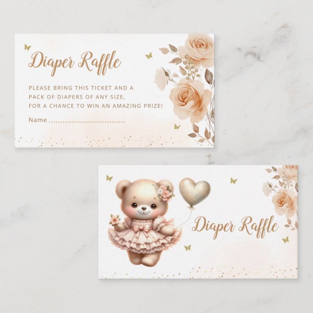 Boho Blommigt Nalle Diaper Raffle Baby Shower Tilläggskort (Fram/baksida)