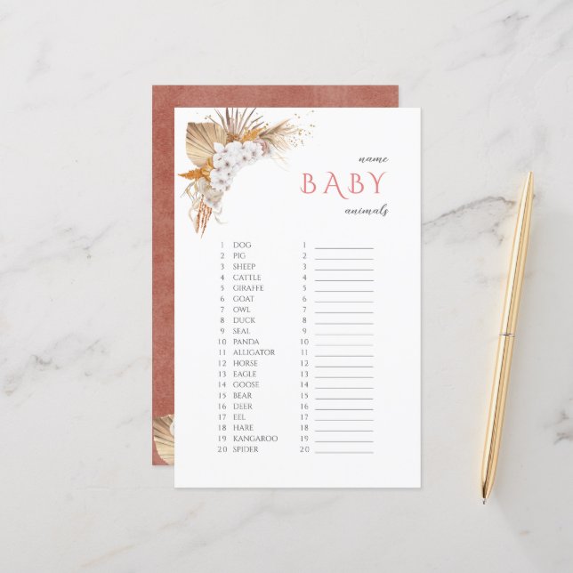 Boho Blommigt Namn Baby djur Baby Shower Game (Fram/Back In Situ)