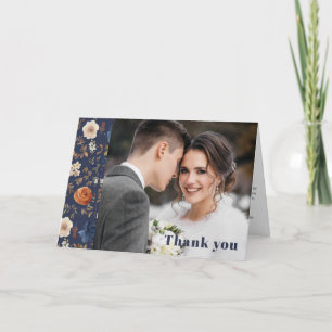 Boho Blommigt Navy Photo Bröllop Tack Kort