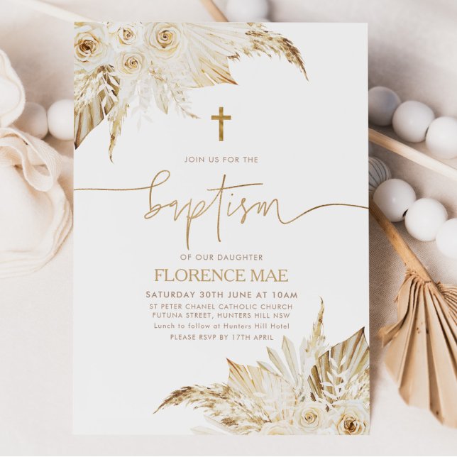 Boho Blommigt Neutralt Girls Baptism Christening Inbjudningar (Boho Baptism Invitation)