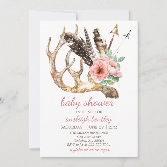 Boho Blommigt och Antler Baby Shower-inbjudan Inbjudningar (Framsida)