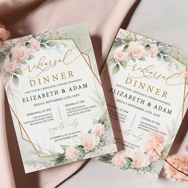 Boho  blommigt och eukalyptus och guld ram inbjudningar (Chic pink flowers and gold frame rehearsal dinner invitation template )