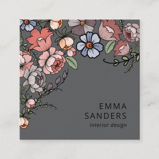 Boho-Blommigt och flytande Grått Fyrkantigt Visitkort (Framsida)