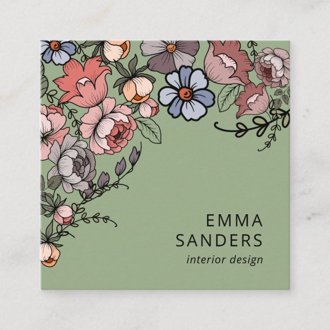 Boho-Blommigt och flytande Grönt Fyrkantigt Visitkort (Framsida)