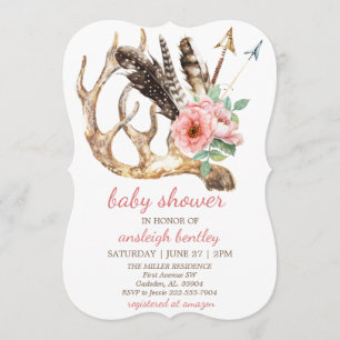 Boho blommigt och horn på kronhjortbaby inbjudningar