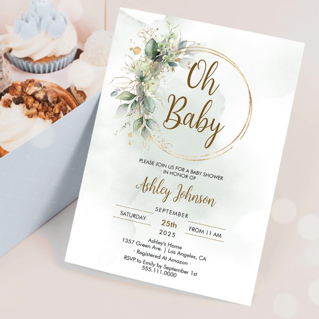 Boho Blommigt Oh Baby Grönt och Guld Baby Shower Inbjudningar (Skapare uppladdad)