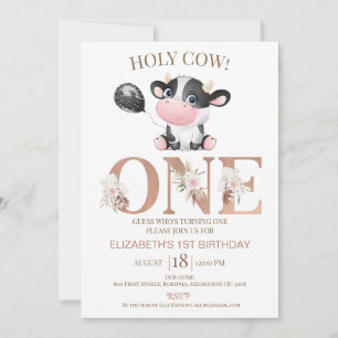 Boho Blommigt Ord Heliga Cow 1:a födelsedagsinbjud Inbjudningar