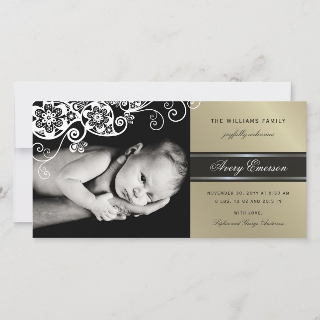 Boho Blommigt Paisley Elegant Birth Notice Meddelande (Framsida)