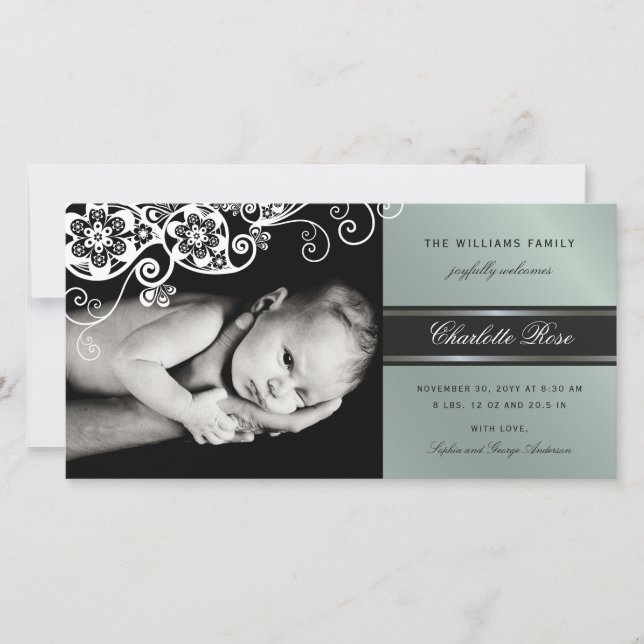 Boho Blommigt Paisley Elegant Birth Notice Meddelande (Framsida)