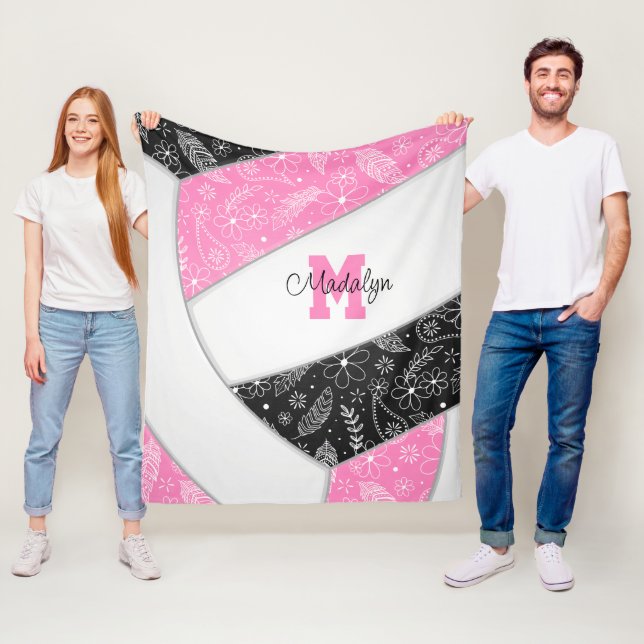 boho blommigt paisley-fjädrar rosa Black volleybal Fleecefilt (På plats)