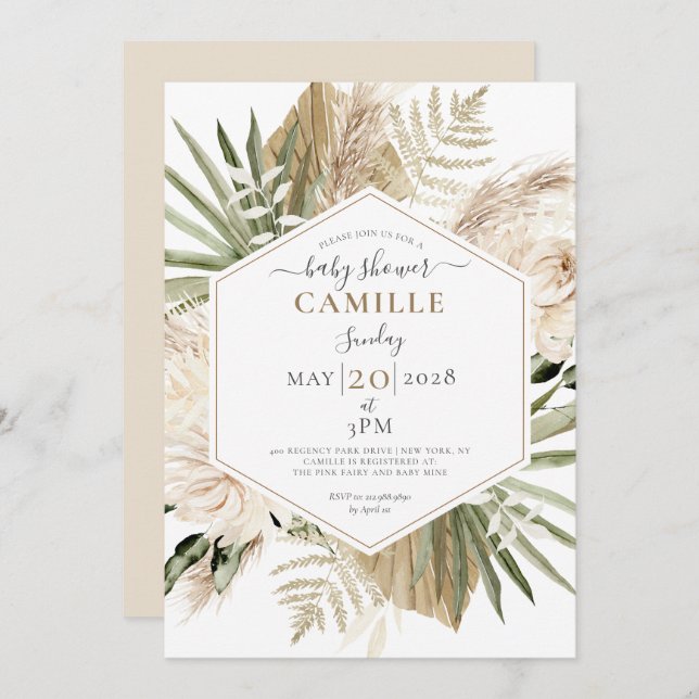 Boho Blommigt Palmetto Löv Eucalyptus Baby Shower Inbjudningar (Fram/baksida)