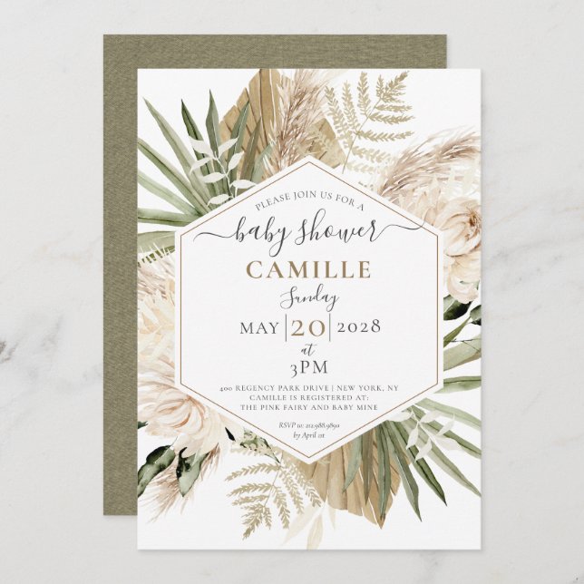 Boho Blommigt Palmetto Löv eukalyptus Baby Shower Inbjudningar (Fram/baksida)