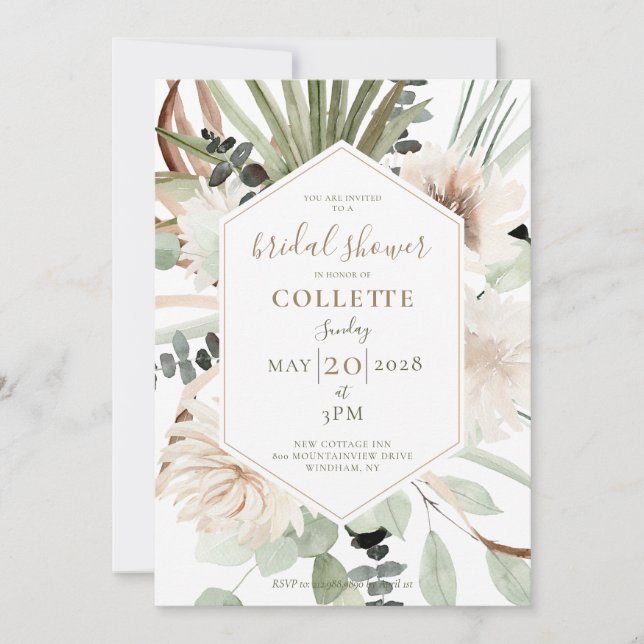 Boho Blommigt Palmetto Pampas Grass Möhippa Inbjudningar (Framsida)