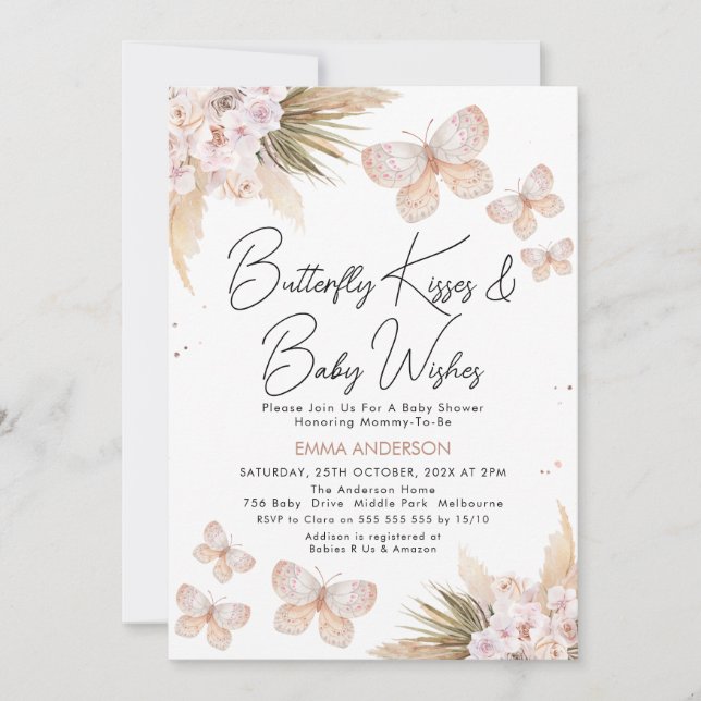 Boho Blommigt Pampas Butterfly Kisses Baby Shower Inbjudningar (Framsida)