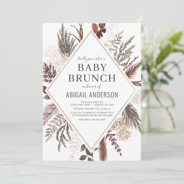 Boho Blommigt Pampas Grass Baby Brunch Shower  Inbjudningar (Stående Fram)