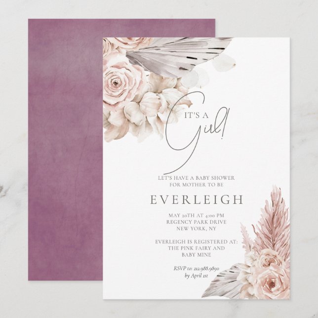 Boho Blommigt Pampas Grass Palmetto Flicka Shower Inbjudningar (Fram/baksida)