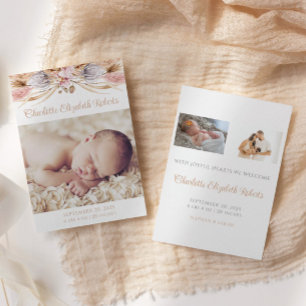 Boho Blommigt Pampas Grass Photo Birth Notice Tack Kort