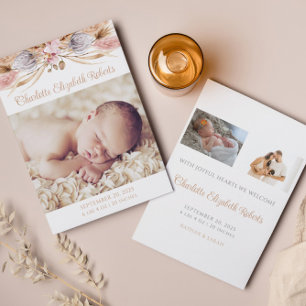 Boho Blommigt Pampas Grass Photo Birth Notice Tack Kort