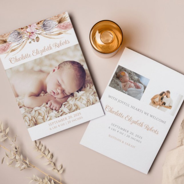 Boho Blommigt Pampas Grass Photo Birth Notice Tack Kort (Skapare uppladdad)