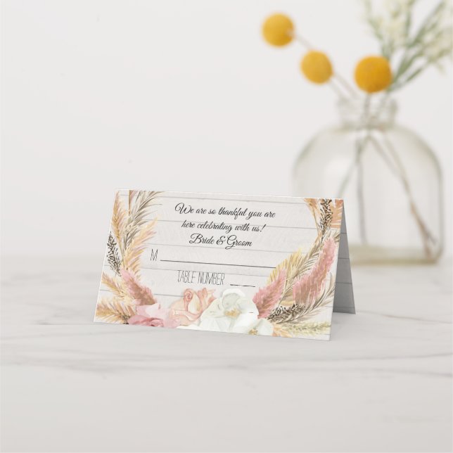 Boho Blommigt Pampas Grass Rustic Wood Place Cards Placeringskort (Framsida)