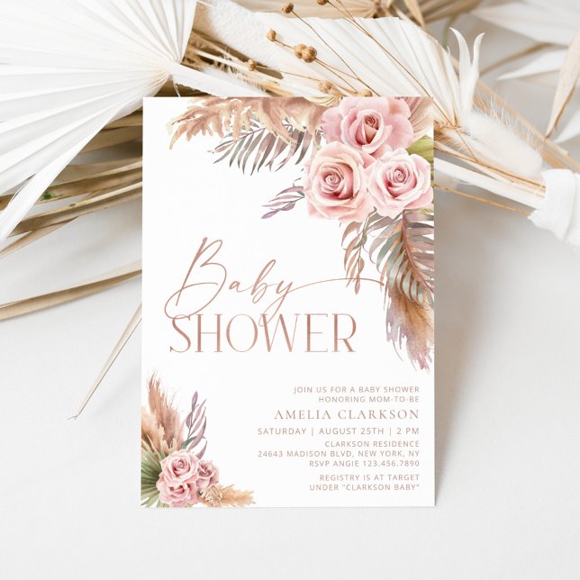 Boho Blommigt Pampas Ro Guld Baby Shower-inbjudan  Inbjudningar (Skapare uppladdad)