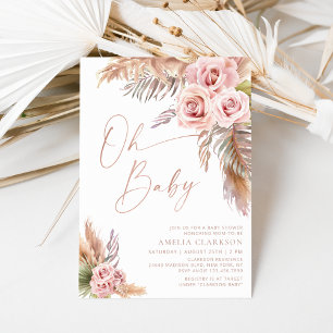 Boho Blommigt Pampas Ro Guld Baby Shower Inbjudningar