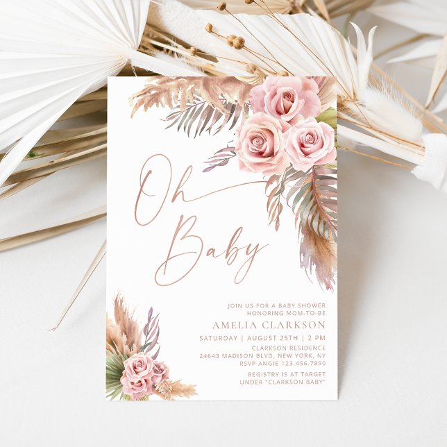 Boho Blommigt Pampas Ro Guld Baby Shower Inbjudningar (Skapare uppladdad)