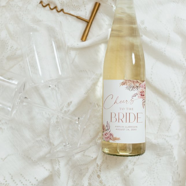 Boho Blommigt Pampas Ro Guld Cheers Vinflaska Etikett (Skapare uppladdad)