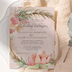 BOHO Blommigt Pampas Rosa Vattenfärgning Bröllop Inbjudningar