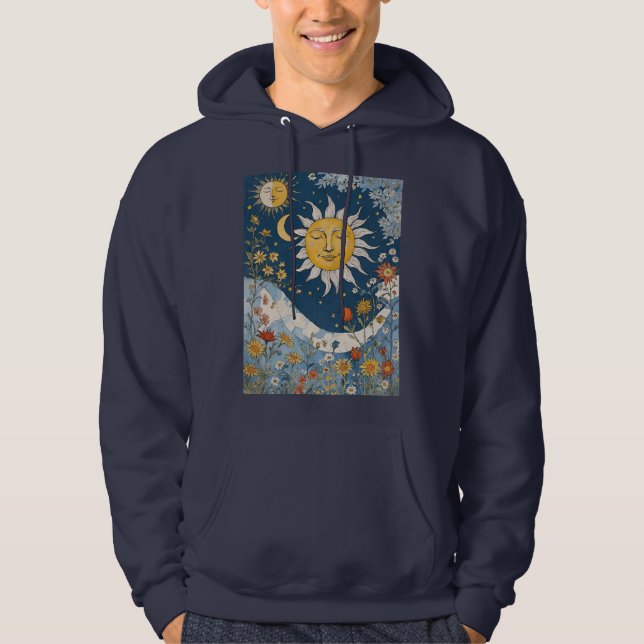 Boho Blommigt Patchwork Sol och Måne Hoodie (Framsida)