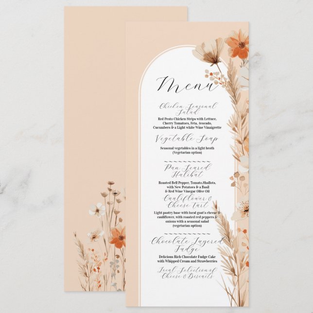 Boho Blommigt Peach Bohemian Flowers Menu Bröllop Meny (Fram/baksida)