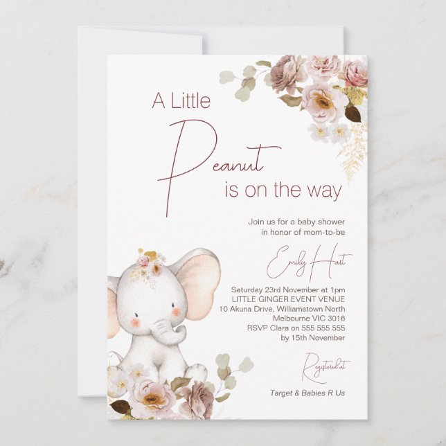  Boho Blommigt Peanut Elephant Baby Shower Inbjudningar (Framsida)