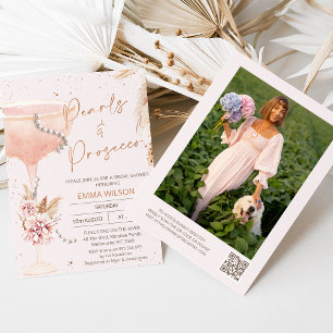 Boho Blommigt Pearls Prosecco QR Code Möhippa Inbjudningar