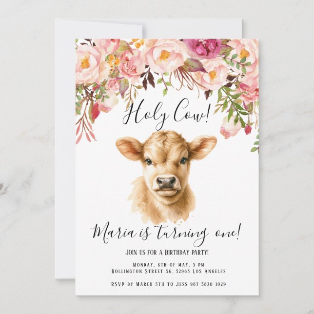 Boho Blommigt Peony Highland Cow Barns födelsedag Inbjudningar (Framsida)