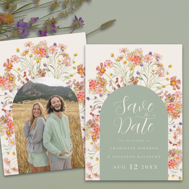 Boho Blommigt Photo Arch Bröllop Spara Datumet (Boho wildflower floral arch sage green wedding save the date invitation Elegant script watercolor )