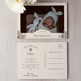 Boho Blommigt Photo Birth Announcement Postcard Meddelande Vykort
