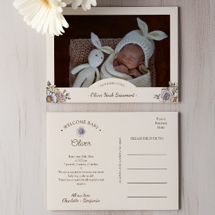 Boho Blommigt Photo Birth Announcement Postcard Meddelande Vykort