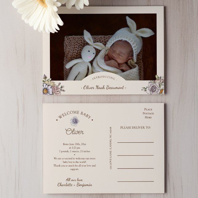 Boho Blommigt Photo Birth Announcement Postcard Meddelande Vykort (Skapare uppladdad)
