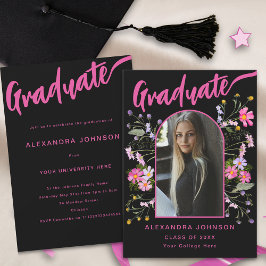 Boho Blommigt Photo Black and Rosa Script Grad Par Inbjudningar