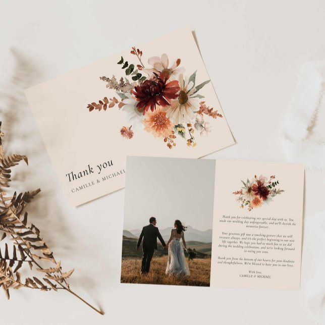 Boho Blommigt Photo Bröllop - tackkort Tack Kort (Burgundy Floral Boho Wedding Thank you Card)