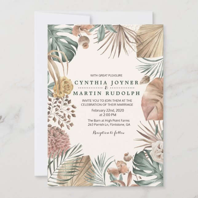 Boho Blommigt Plant Wedding bjudande Inbjudningar (Framsida)