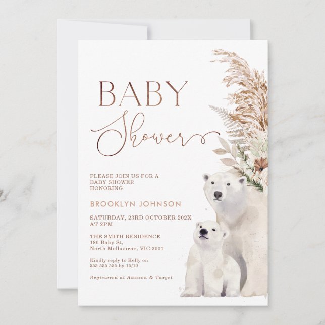 Boho Blommigt Polar Bear Unge Baby Shower Inbjudningar (Framsida)