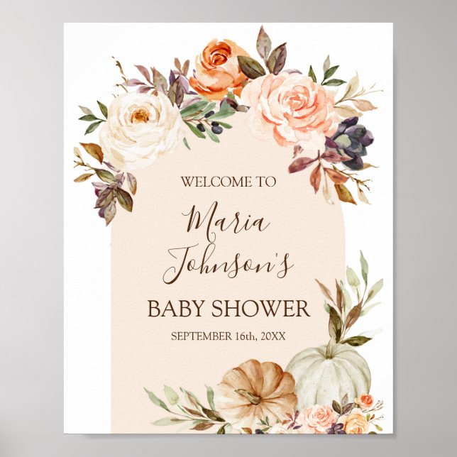 Boho Blommigt Pumpkin Baby Shower Girl Välkomstsky Poster (Framsidan)