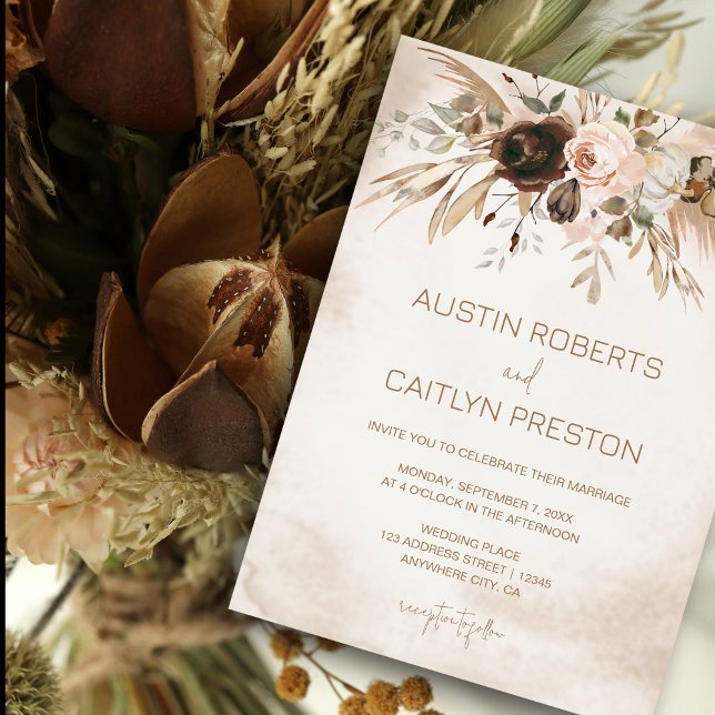 Boho Blommigt Pumpkin Fall i Kärlek Bröllop Inbjudningar (Elegant boho floral wedding invitation with soft neutral tones #rusticwedding #BohoWedding )