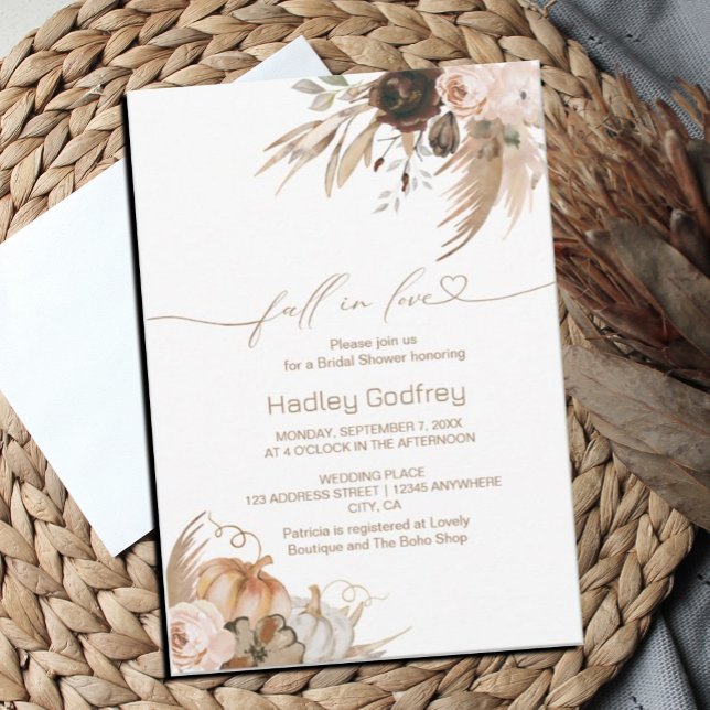 Boho Blommigt Pumpkin Fall i Kärlek Möhippa Inbjudningar (#zazzlemade #bridalshower #fallinlove #pumpkin #bohoinvitation)