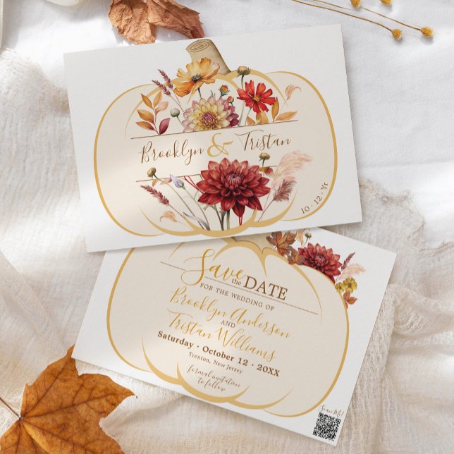 Boho Blommigt Pumpkin Fall WedSave Datum Spara Datumet (Modern boho pampas grass fall floral orange ivory Autumn pumpkin script wedding save the date card)