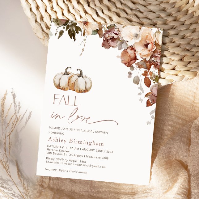 Boho Blommigt Pumpkins faller i Kärlek Möhippa Inbjudningar (Fall Bridal Shower Invitation, Boho Floral Autumn Bridal Shower Invite, Pumpkins, Warm Fall Colors)