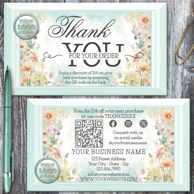 Boho Blommigt QR-Logotyp för din beställning Visitkort (Girly Thank You for your order business card featuring a boho chic watercolor design with QR code)