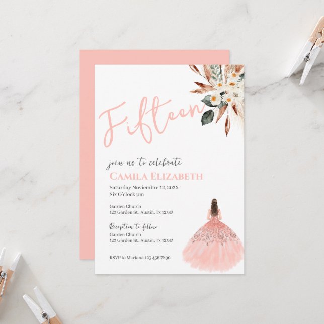 Boho Blommigt Quinceañera-inbjudan Inbjudningar (Fram/Back In Situ)